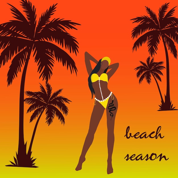 Vector a black young woman with a beautiful figure poses on a tropical island