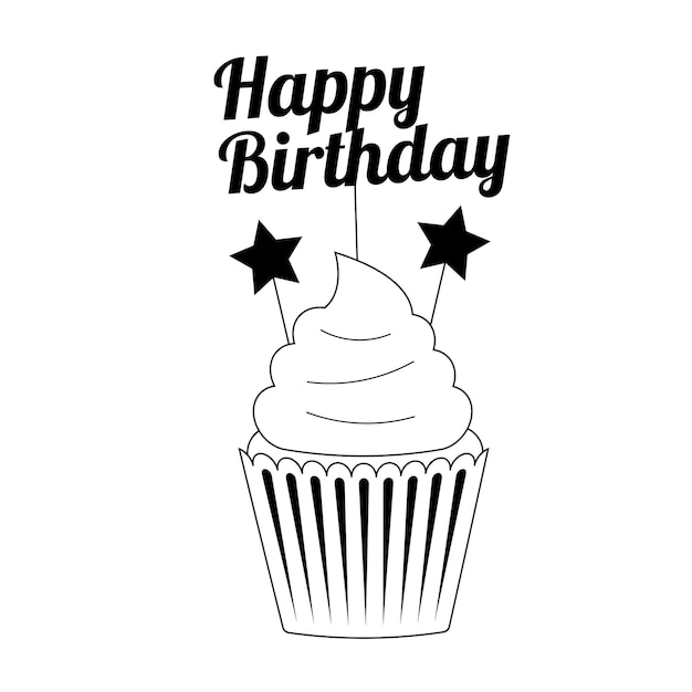 Blackandwhite birthday cupcake with birthday inscription in line style