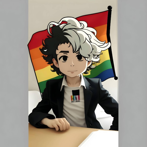 A blackandwhiteheaded man on the background of an LGBT rainbow flag