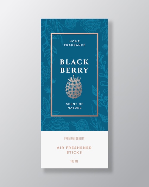 Blackberry Home geur abstract vector label sjabloon hand getrokken schets bloemen bladeren achtergrond en retro typografie premium kamer parfum verpakking ontwerp lay-out realistisch mockup