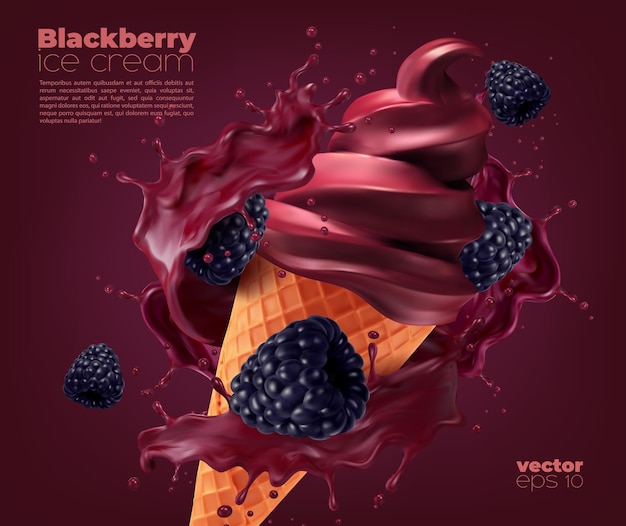 Blackberry soft ice cream wafer cone with splash