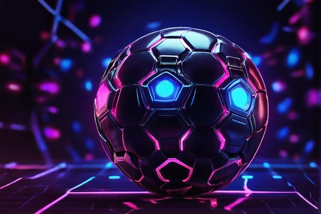 Vector blackblue soccer ball with rotating particles under blue laser lighting 3d sketch design