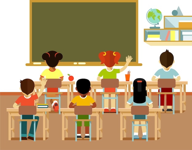 Blackboard and Group of Elementary School Students Back View in Classroom