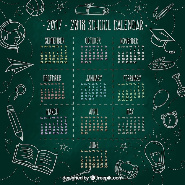 Vector blackboard school calendar with sketches