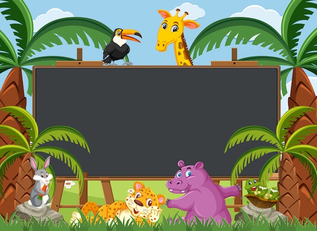 Blackboard template with wild animals in the woods