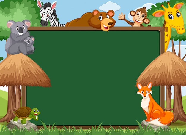 Blackboard template with wild animals in the zoo