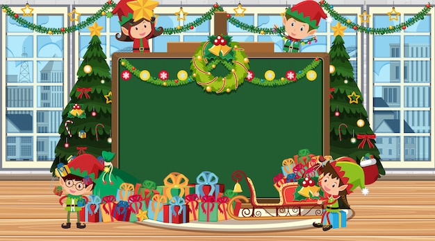 blackboard with christmas elf and present