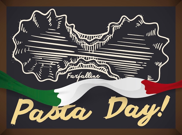 Blackboard with farfalline drawing in it and a ribbon like italian flag ready to celebrate pasta day