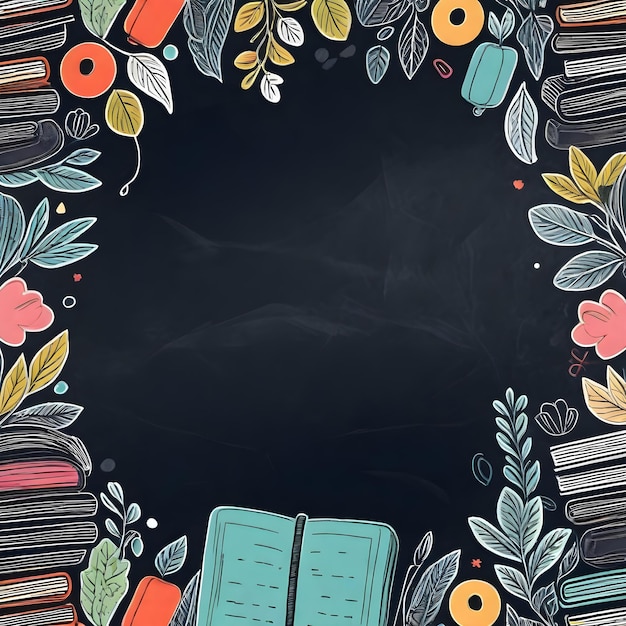 Una lavagna con un bordo floreale e libri con spazio di copia