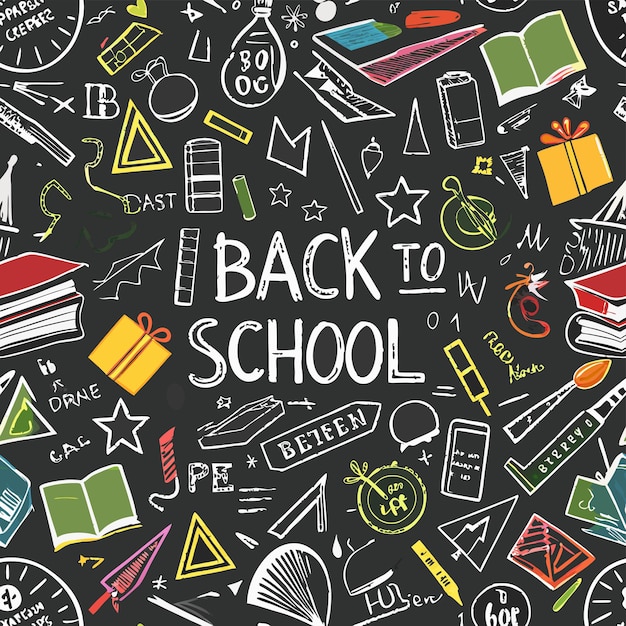 a blackboard with a lot of books and a chalkboard with the words back to school written on it