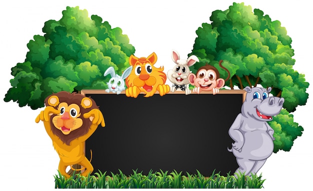 Vector blackboard with many animals in park