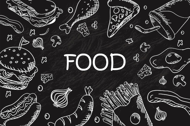 a blackboard with a white word food on it