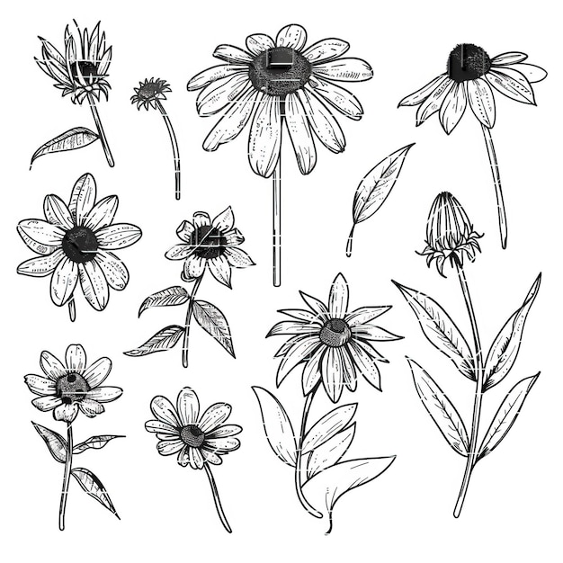 Blackeyed Susan platte vector set illustratie van hoge kwaliteit