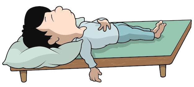 Черноволосый мальчик в пижаме спит на кровати без одеяла как иллюстрация к мультфильму