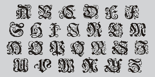 Blackletter alfabet Middeleeuwse drop caps Vintage verlichte initialen set Horror gotische pictogram lettertype