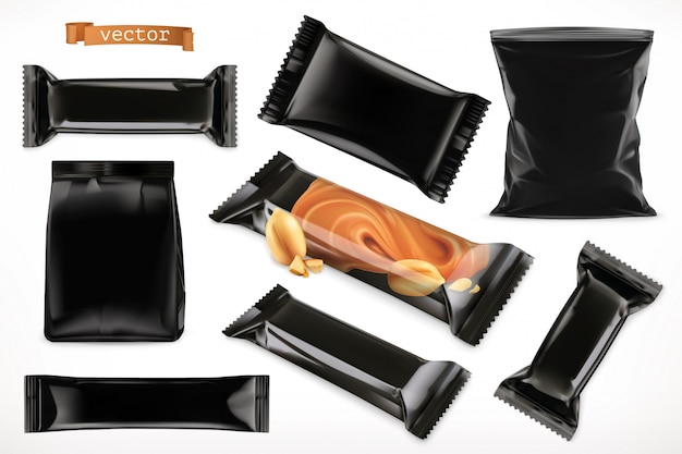 Blackolymer packaging for foods. Chocolate bar, different snack products. 3d realistic  set mock up