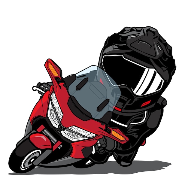 Vector blackred racer riding goldwing motorcycle lood in bocht met snelheid cartoon mascot