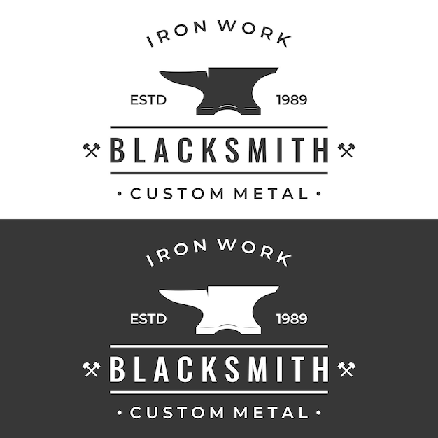 Blacksmith anvil job logo vintage with hammer and horseshoe isolated backgroundlogo for industry workshop