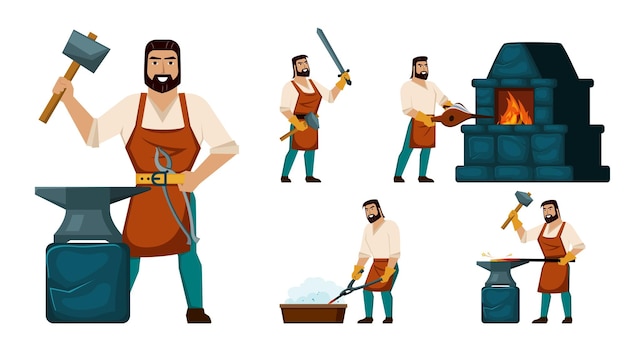 Vector blacksmith character heavy production workers making steel tools weapons and armor vector craftsmanship pictures