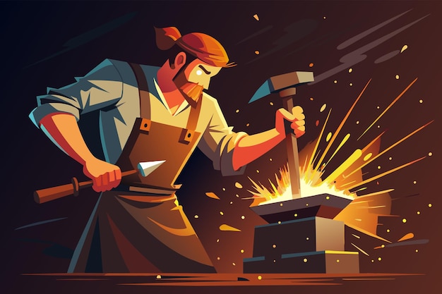 Vector a blacksmith hammering a glowing piece of metal on an anvil sparks flying in the air