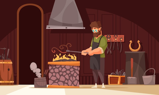 Vector blacksmith heating up ornamental iron curved piece in coal forge fire in his workshop cartoon illustration