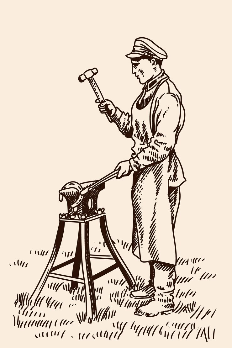 Vector a blacksmith in a special uniform with an apron stands near an anvil with a hammer. ussr. 1932