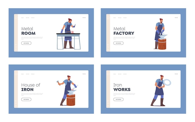 Blacksmith works landing page template set male characters with instruments hammer or anvil man wear apron professional master working with metal making forgery cartoon people vector illustration