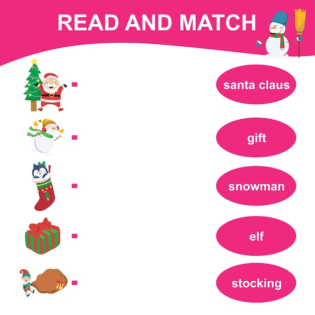 Blad lezen en matchen. Bijpassend Engels woord met afbeeldingen met behulp van schattige kerstartikelen. Vector-bestand.