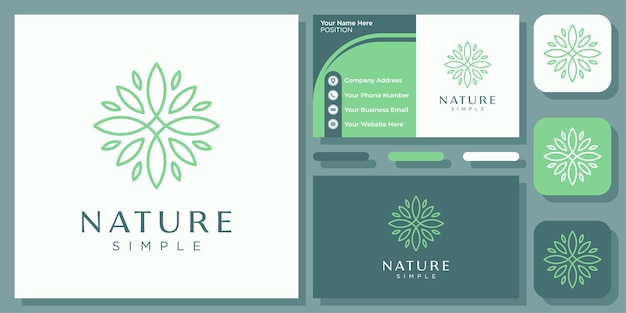 Blad natuur decoratie eenvoudig overzicht bloem spa yoga gezondheid vector logo ontwerp met visitekaartje