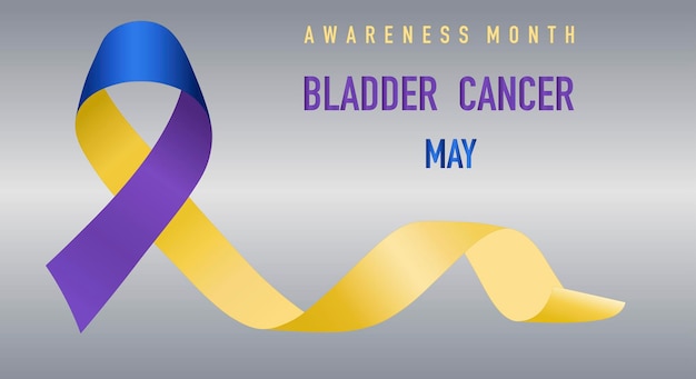 膀胱がん啓発月間は毎年5月に祝われます。グラデーションの灰色の背景に青と黄色のリボン。ポスター。ベクトルイラスト