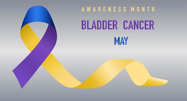방광암 인식의 달은 매년 5월에 경축됩니다. 그라데이션 회색 배경에 파란색과 노란색 리본입니다. 포스터. 벡터 일러스트 레이 션