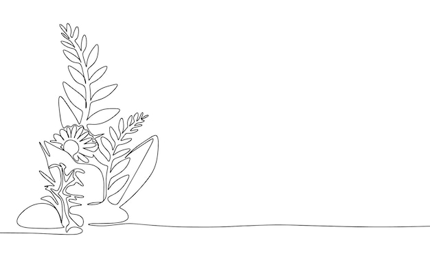 Bladeren en bloemen schetsen Natuur samenstelling silhouet Een lijn doorlopende vector illustratie