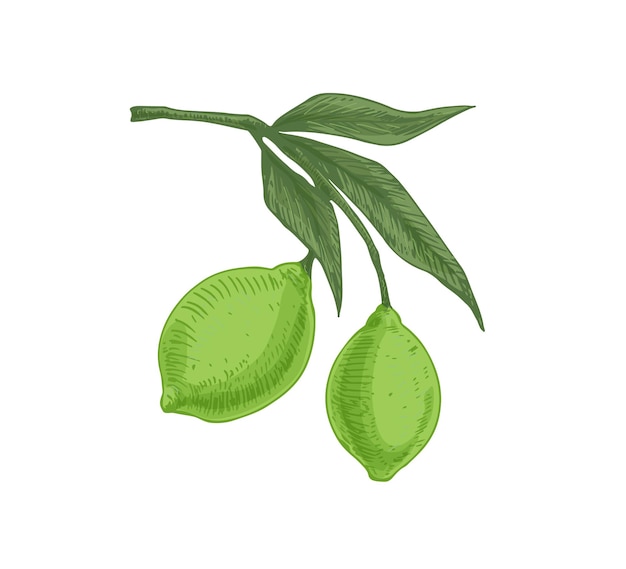 Bladeren en groene citrusvruchten groeien op lindeboomtak. tropisch geurig voedsel op takje. realistische handgetekende gekleurde vectorillustratie van exotische plant geïsoleerd op een witte achtergrond.