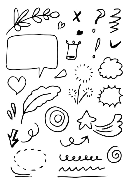 Bladeren harten abstracte linten pijlen en andere elementen in de hand getekende stijlen voor conceptontwerpen Doodle illustratie Vector sjabloon voor decoratie