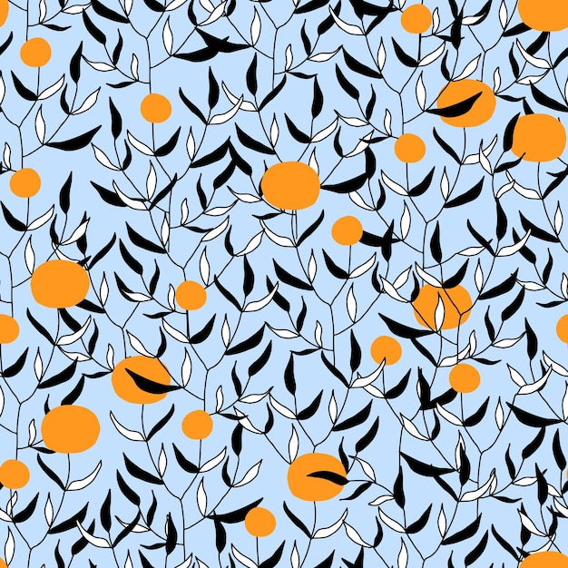 Bladeren op twijgen tak met bessen en gebladerte vector naadloze patroon zwart wit oranje