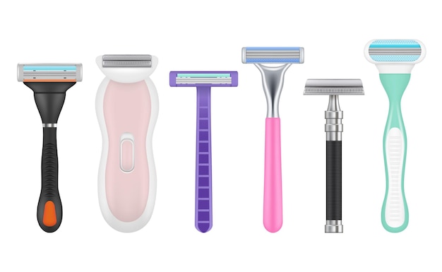 blades realistic. man and woman razor tools depilation accessories  pictures set.