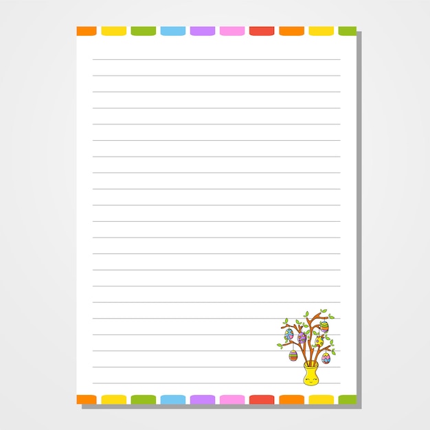 Vector bladsjabloon voor notebook kladblok dagboek gelinieerd papier schattig karakter pasen thema geïsoleerde vector illustratie cartoon stijl