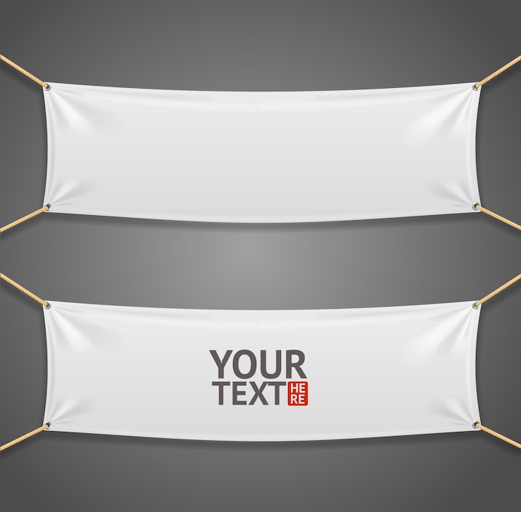 Vector blanc stof rechthoekige banner met touwen geïsoleerd op een grijze achtergrond.