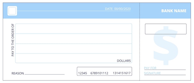 Blanco cheque sjabloon Zakelijk cheque boekontwerp Bank controleren lege pagina voor liefdadigheidsdonaties zakelijke betalingen vector achtergrond Cheque bankbetaling blanco geld coupon subsidie illustratie