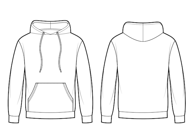 Blanco herenhoodie vooraan, achteraanzichten. Kangoeroezak aan de voorkant. vector schets