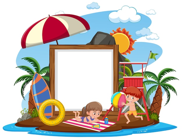 Blanco sjabloon voor spandoek met veel kinderen op zomervakantie op het strand geïsoleerd
