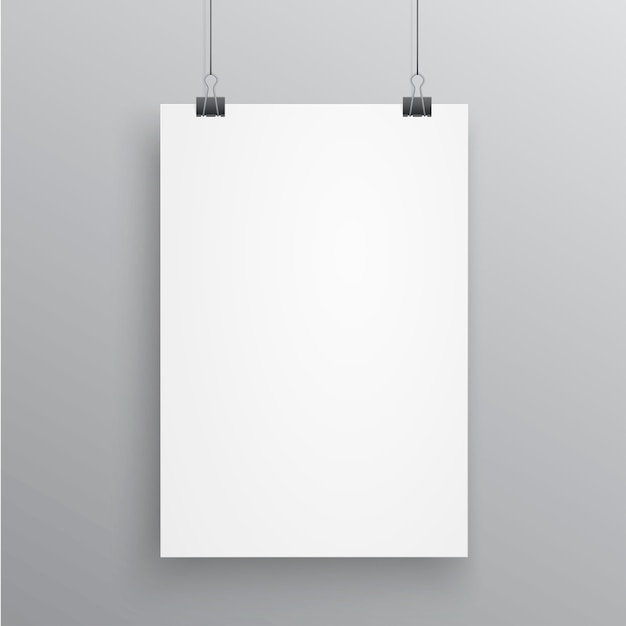 Blank A4 page hanged with paper clips on white background