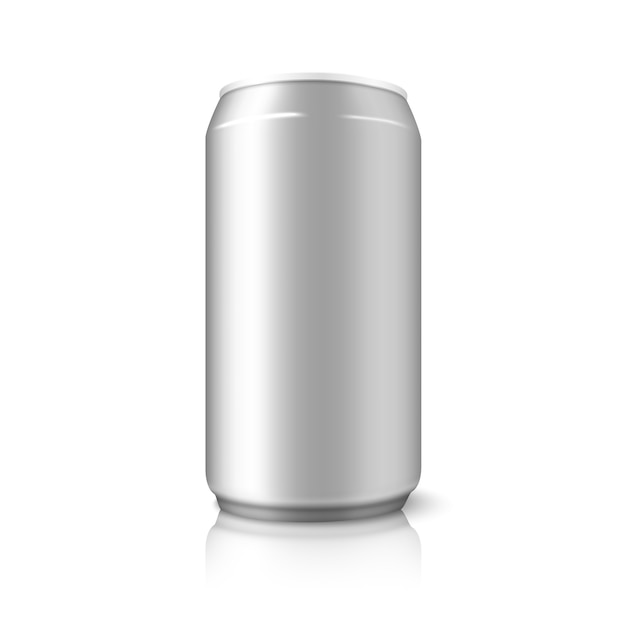 Blank aluminium can, for different designs of beer, alcohol, soft drinks, soda, water etc. Isolated on white background with reflections.