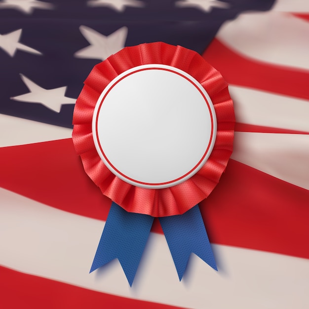 Vector blank badge. realistic, patriotic, blue and red label with ribbon, american flag bacground. poster, brochure or greeting card template.