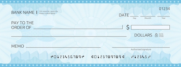 Vettore modello blu di assegno del libretto degli assegni in bianco dell'assegno
