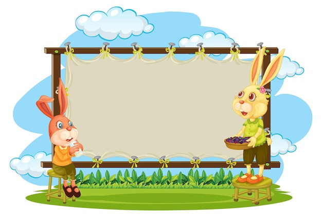 Blank banner in the garden with two rabbits isolated