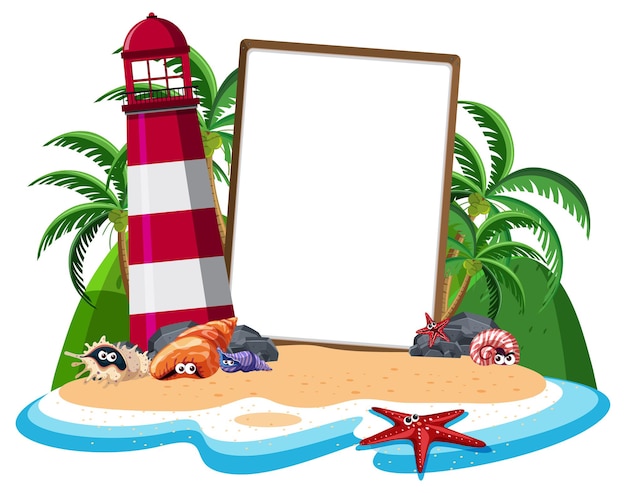 Vector blank banner template on the island with lighthouse isolated