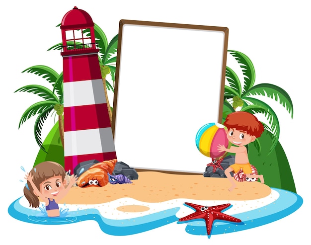Vector blank banner template on the island with lighthouse isolated