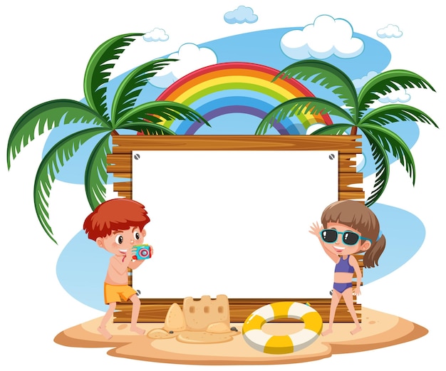 Modello di banner vuoto con molti bambini in vacanza estiva in spiaggia isolata