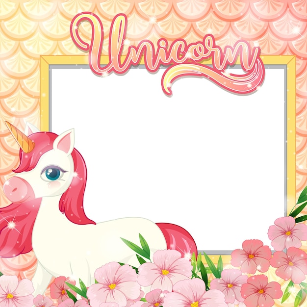 Banner in bianco con simpatico personaggio dei cartoni animati di unicorno